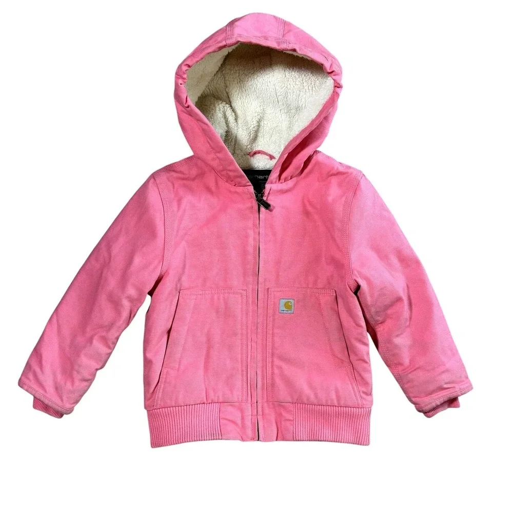 Carhartt Jacket Girls 4T Pink Sherpa Lined Hooded Full Zip Insulated Canvas Warm